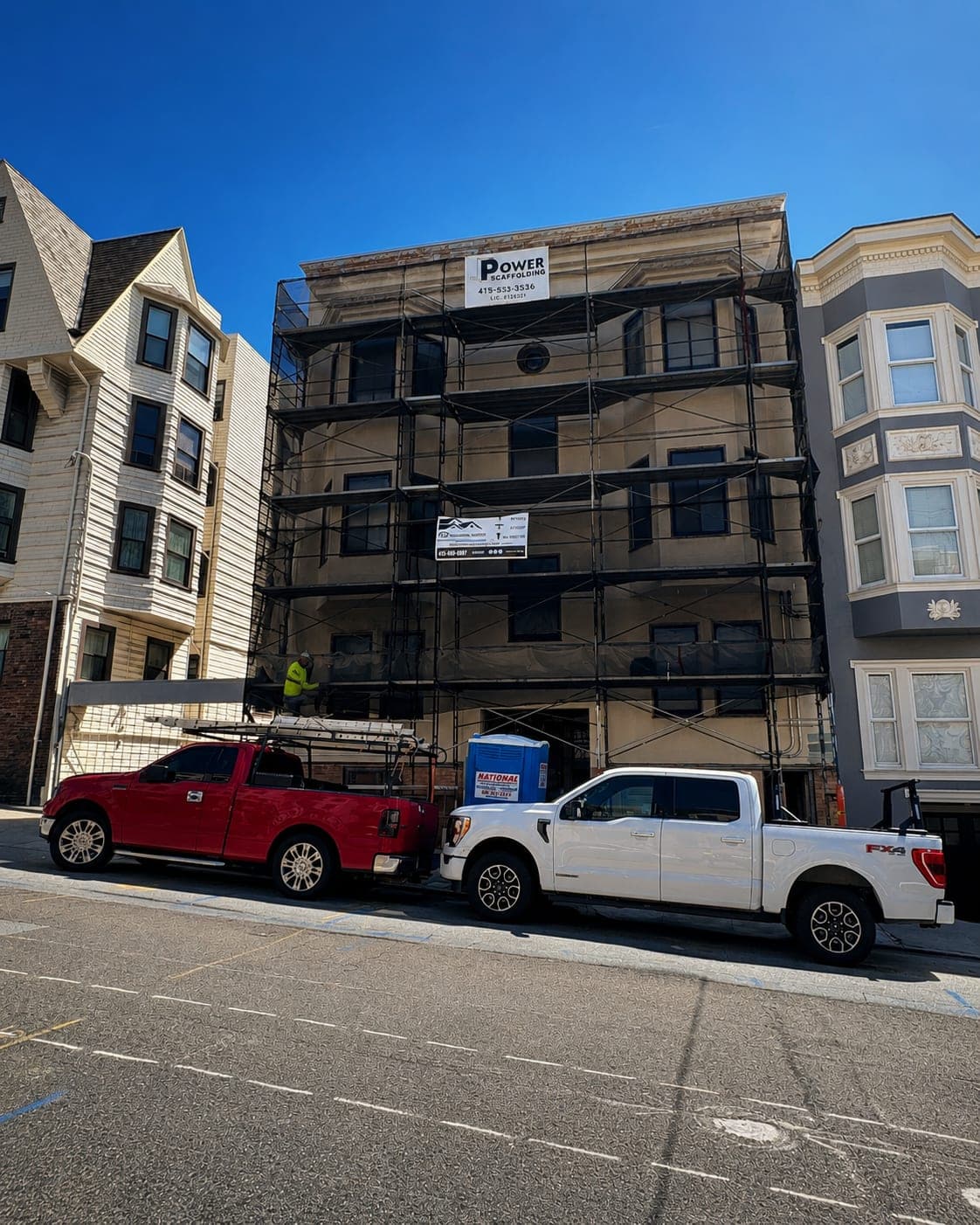 4-story apartment building exterior under scaffolding, Nob Hill